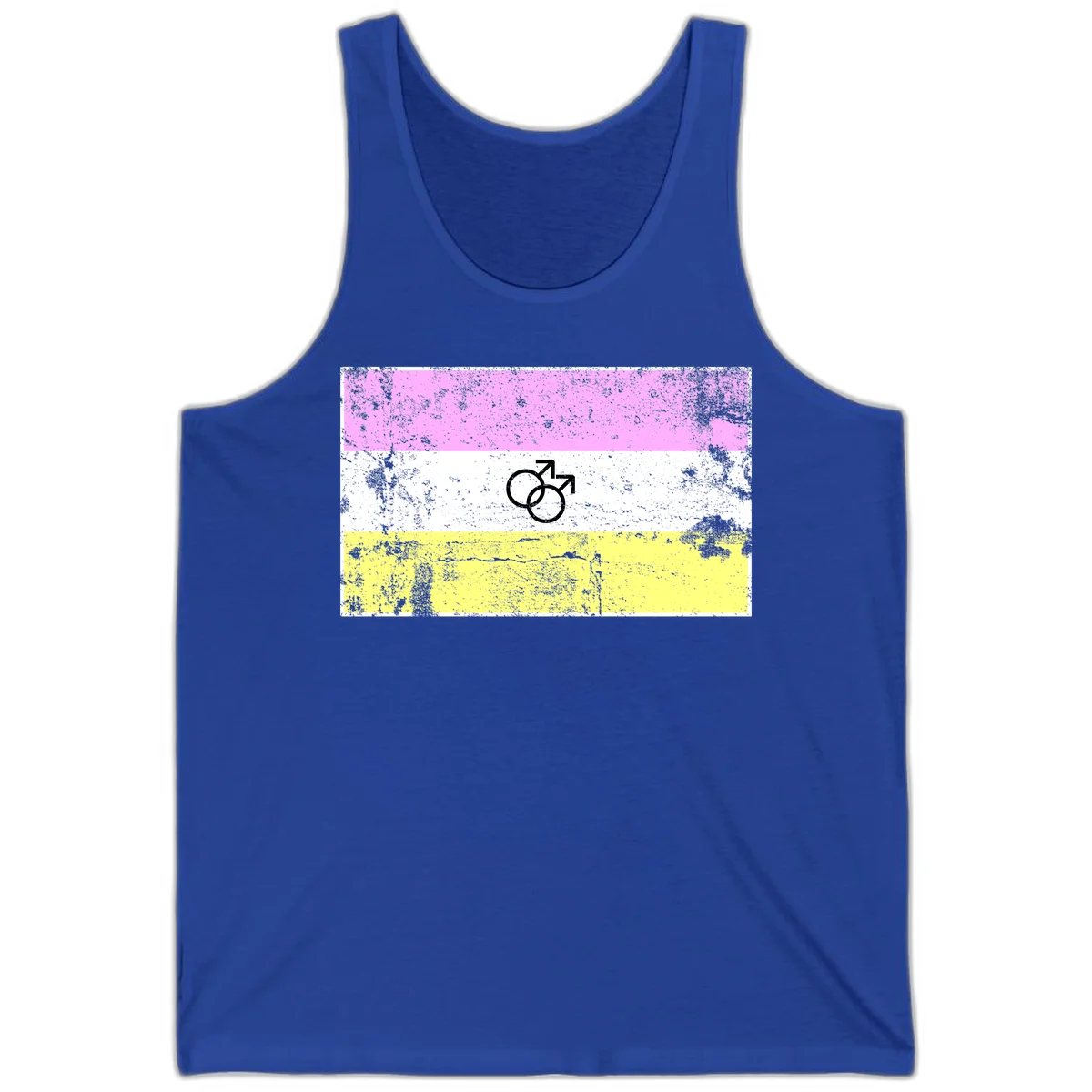 Male pride flag design with interlocking mars symbols on pink, white, and yellow horizontal stripes with distressed texture in True Royal