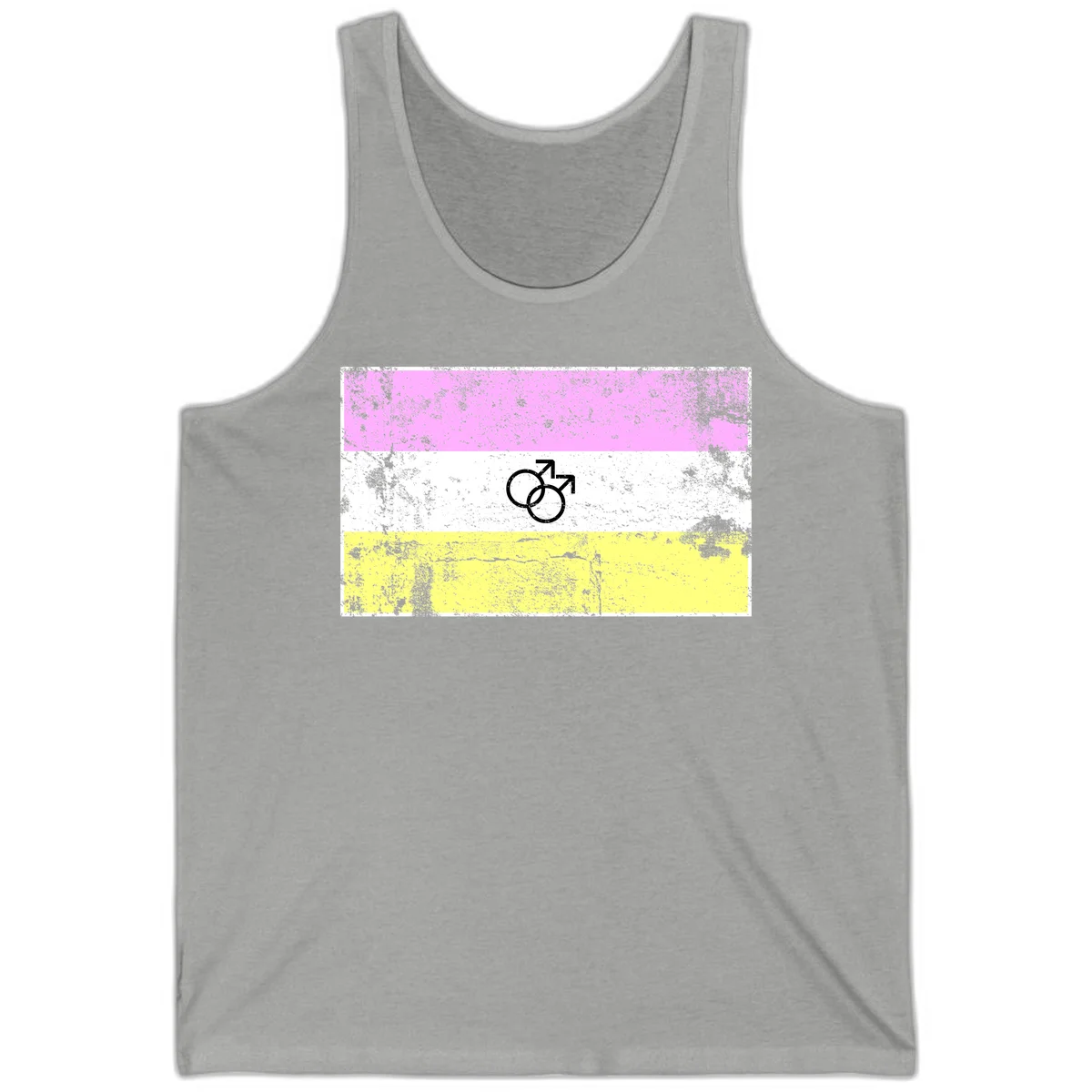 Male pride flag design with interlocking mars symbols on pink, white, and yellow horizontal stripes with distressed texture in Athletic Heather