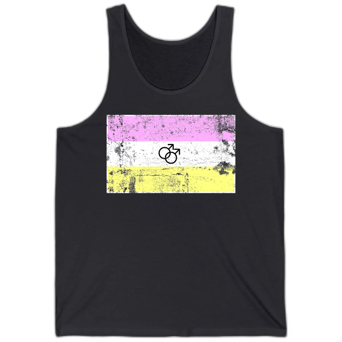 Male pride flag design with interlocking mars symbols on pink, white, and yellow horizontal stripes with distressed texture in Dark Grey