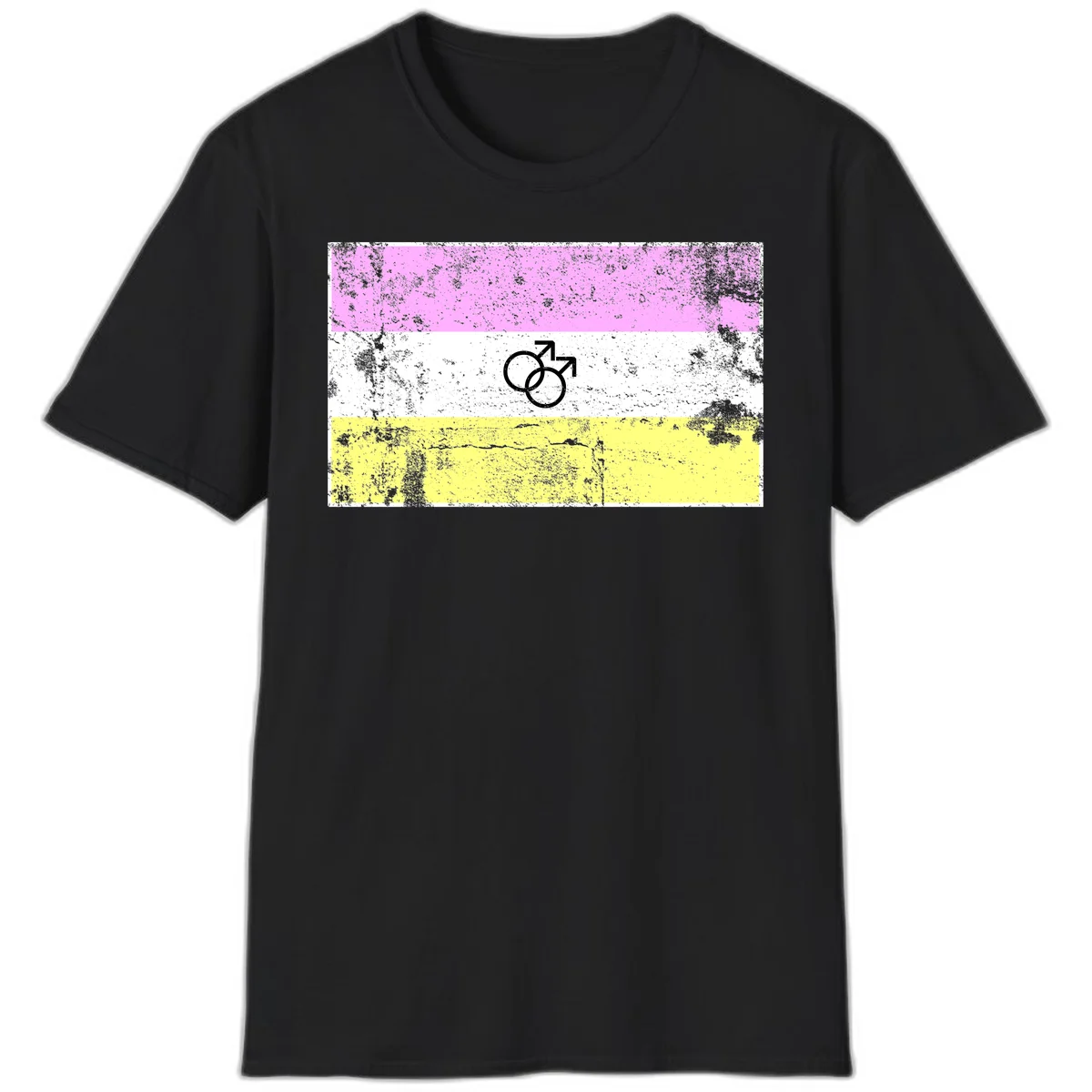 Male pride flag design with interlocking mars symbols on pink, white, and yellow horizontal stripes with distressed texture in Black