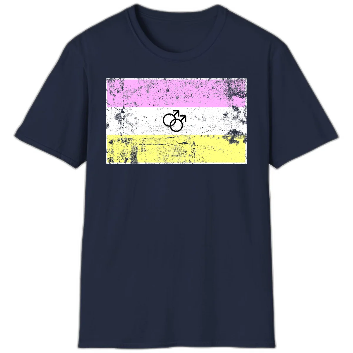 Male pride flag design with interlocking mars symbols on pink, white, and yellow horizontal stripes with distressed texture in Navy