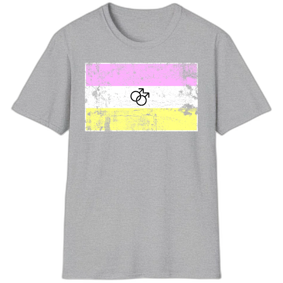 Male pride flag design with interlocking mars symbols on pink, white, and yellow horizontal stripes with distressed texture in Sport Grey