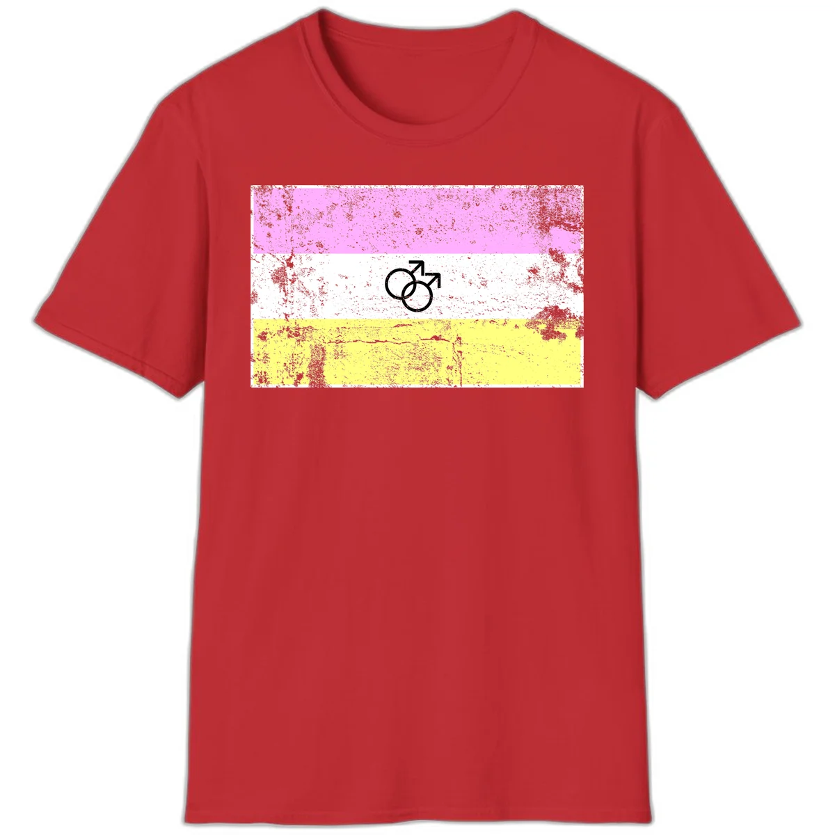 Male pride flag design with interlocking mars symbols on pink, white, and yellow horizontal stripes with distressed texture in Red