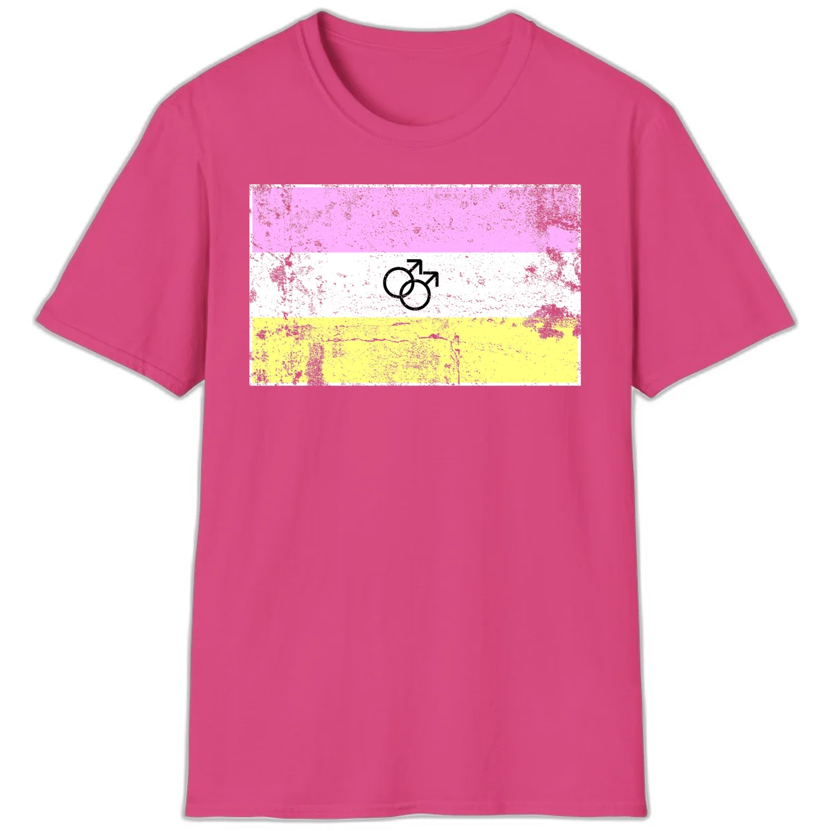 Male pride flag design with interlocking mars symbols on pink, white, and yellow horizontal stripes with distressed texture in Heliconia