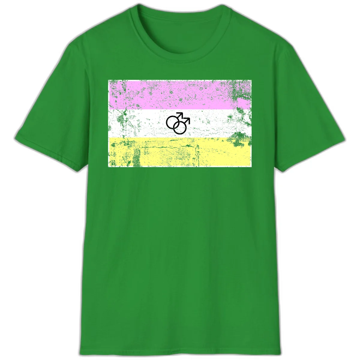 Male pride flag design with interlocking mars symbols on pink, white, and yellow horizontal stripes with distressed texture in Irish Green
