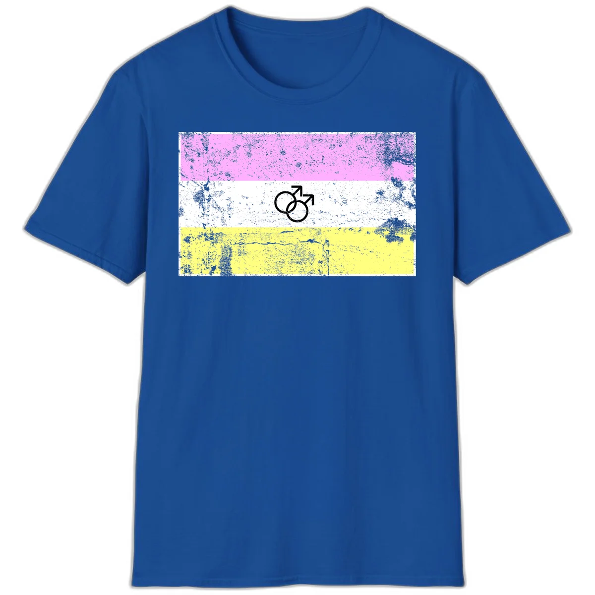 Male pride flag design with interlocking mars symbols on pink, white, and yellow horizontal stripes with distressed texture in Royal