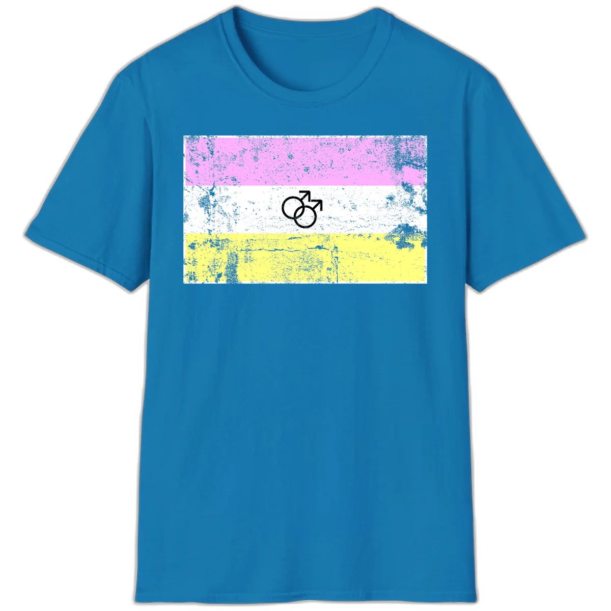 Male pride flag design with interlocking mars symbols on pink, white, and yellow horizontal stripes with distressed texture in Sapphire