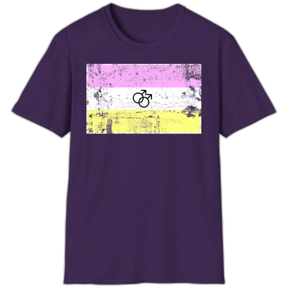 Male pride flag design with interlocking mars symbols on pink, white, and yellow horizontal stripes with distressed texture in Purple
