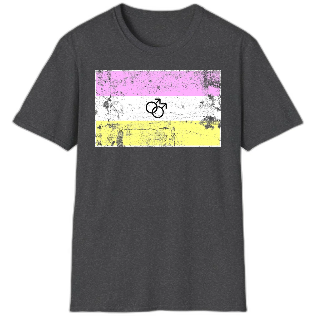 Male pride flag design with interlocking mars symbols on pink, white, and yellow horizontal stripes with distressed texture in Dark Heather