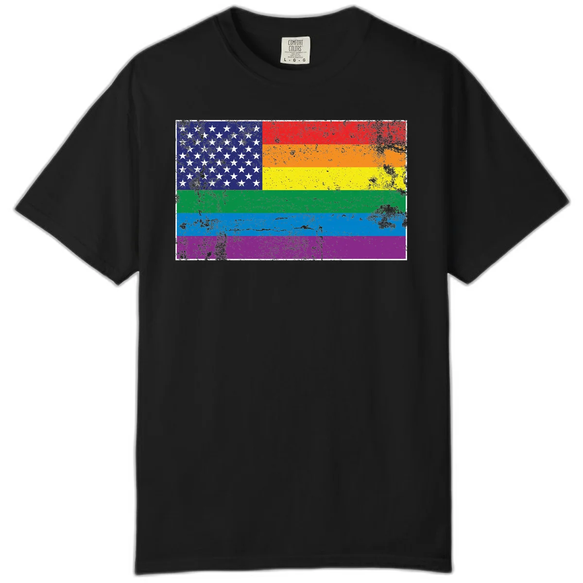 American flag with stars merged with rainbow pride flag stripes in distressed grunge style in Black