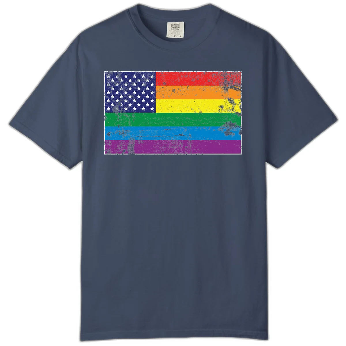 American flag with stars merged with rainbow pride flag stripes in distressed grunge style in Midnight