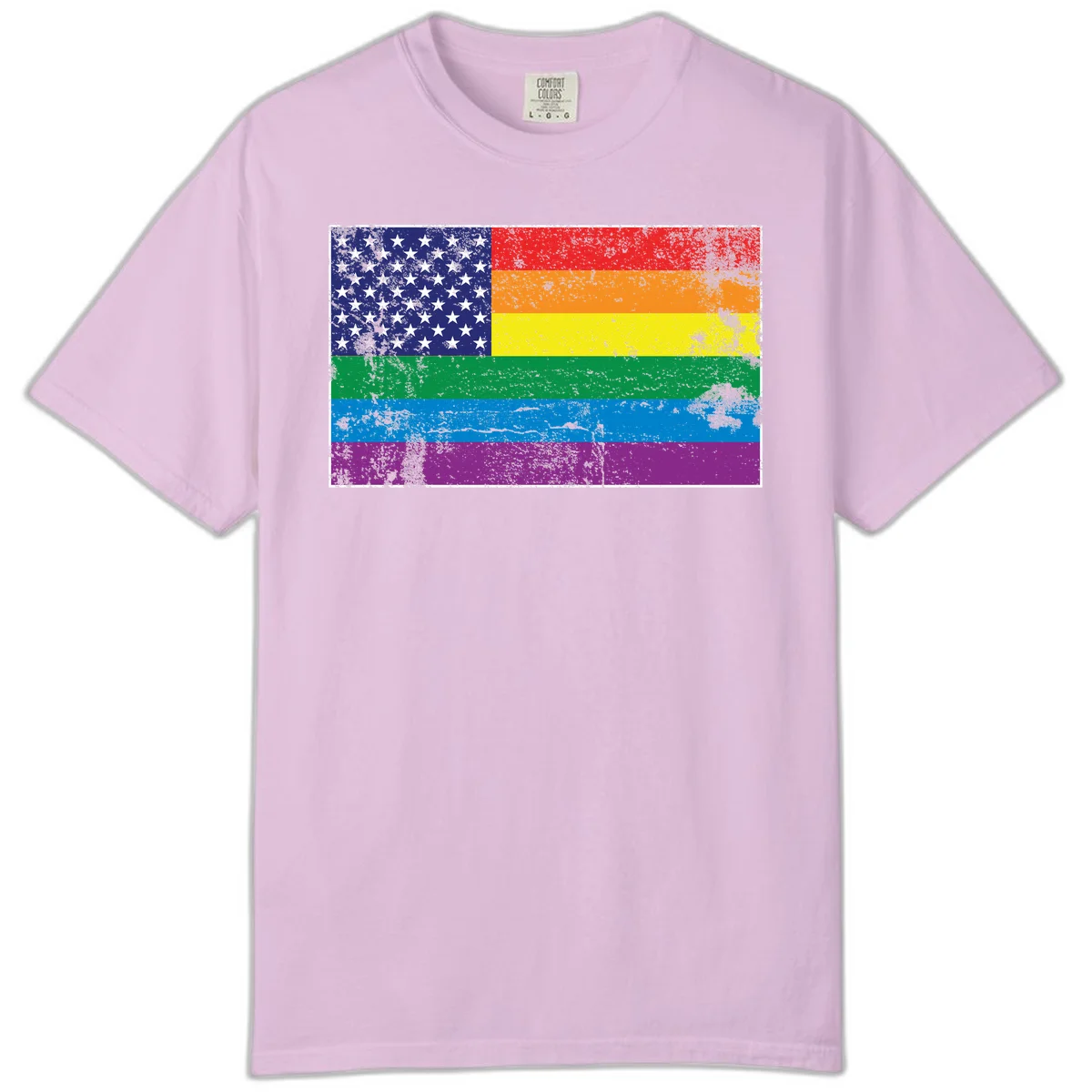 American flag with stars merged with rainbow pride flag stripes in distressed grunge style in Orchid