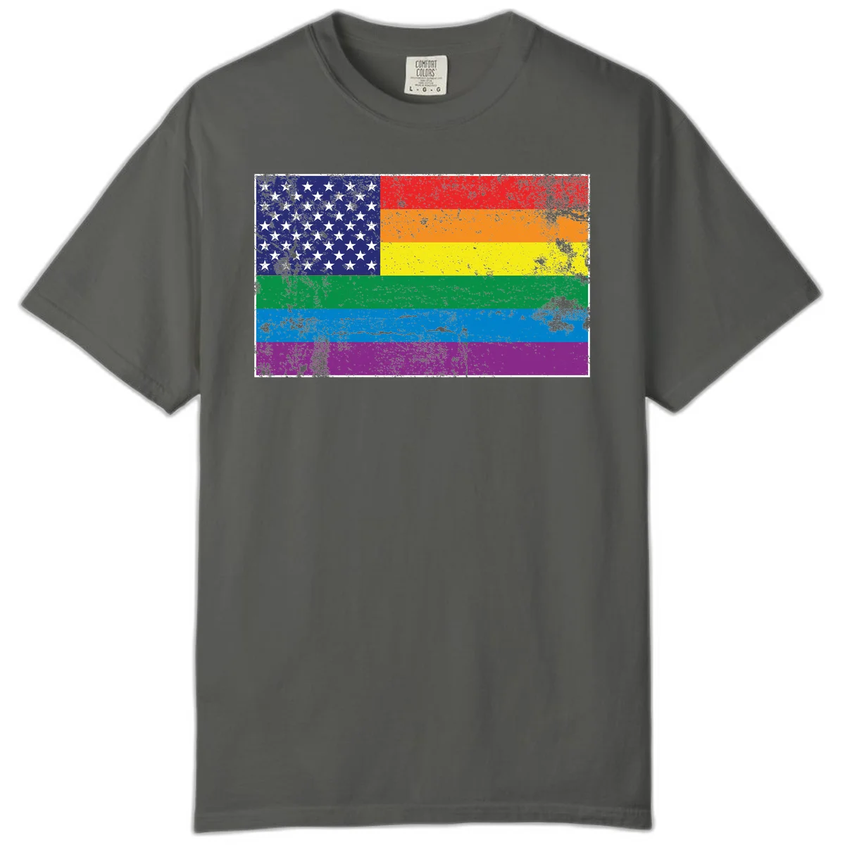 American flag with stars merged with rainbow pride flag stripes in distressed grunge style in Pepper
