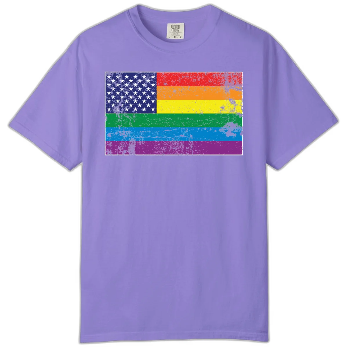 American flag with stars merged with rainbow pride flag stripes in distressed grunge style in Violet