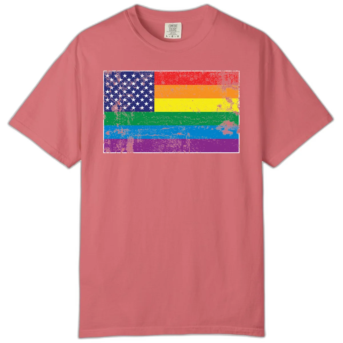 American flag with stars merged with rainbow pride flag stripes in distressed grunge style in Watermelon
