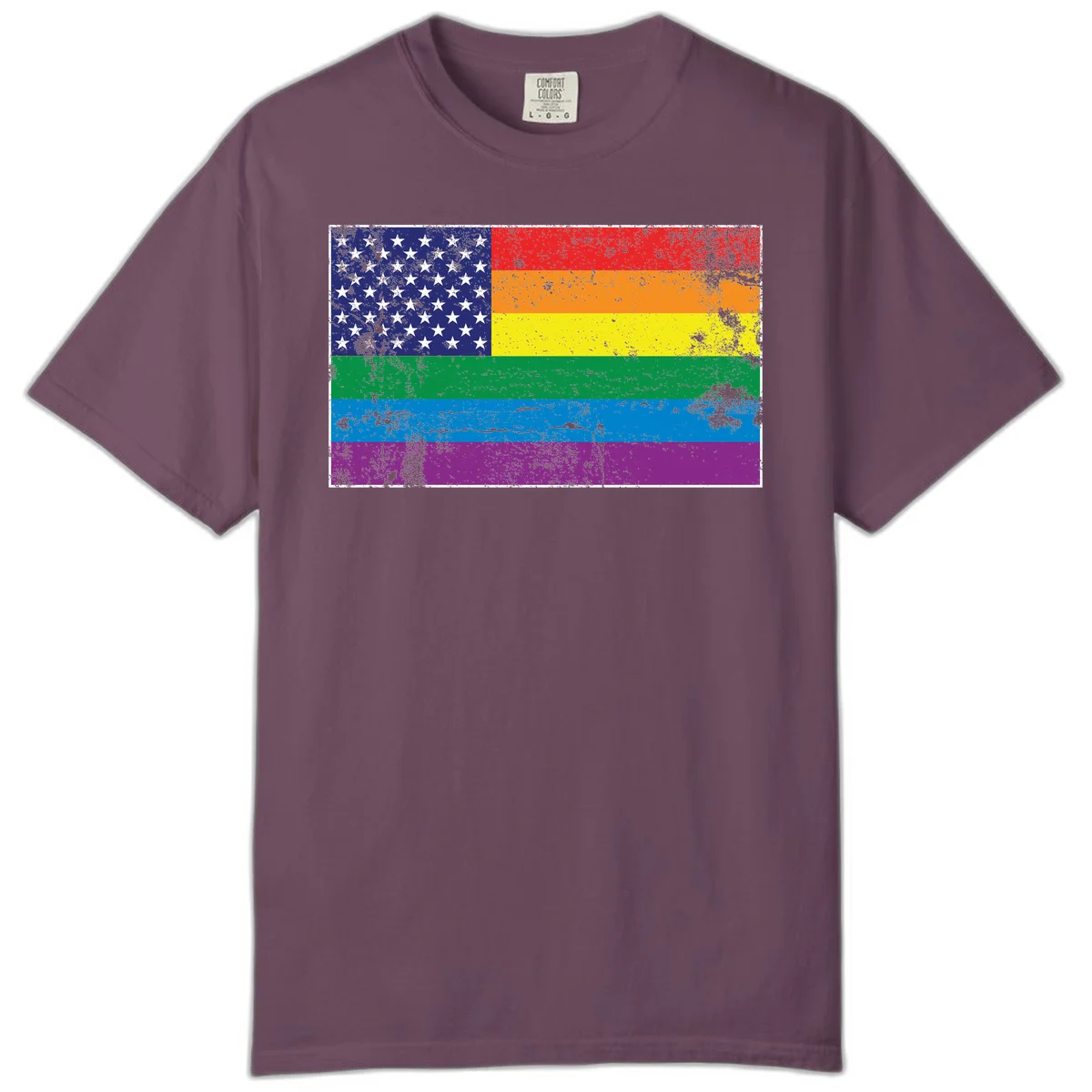 American flag with stars merged with rainbow pride flag stripes in distressed grunge style in Berry