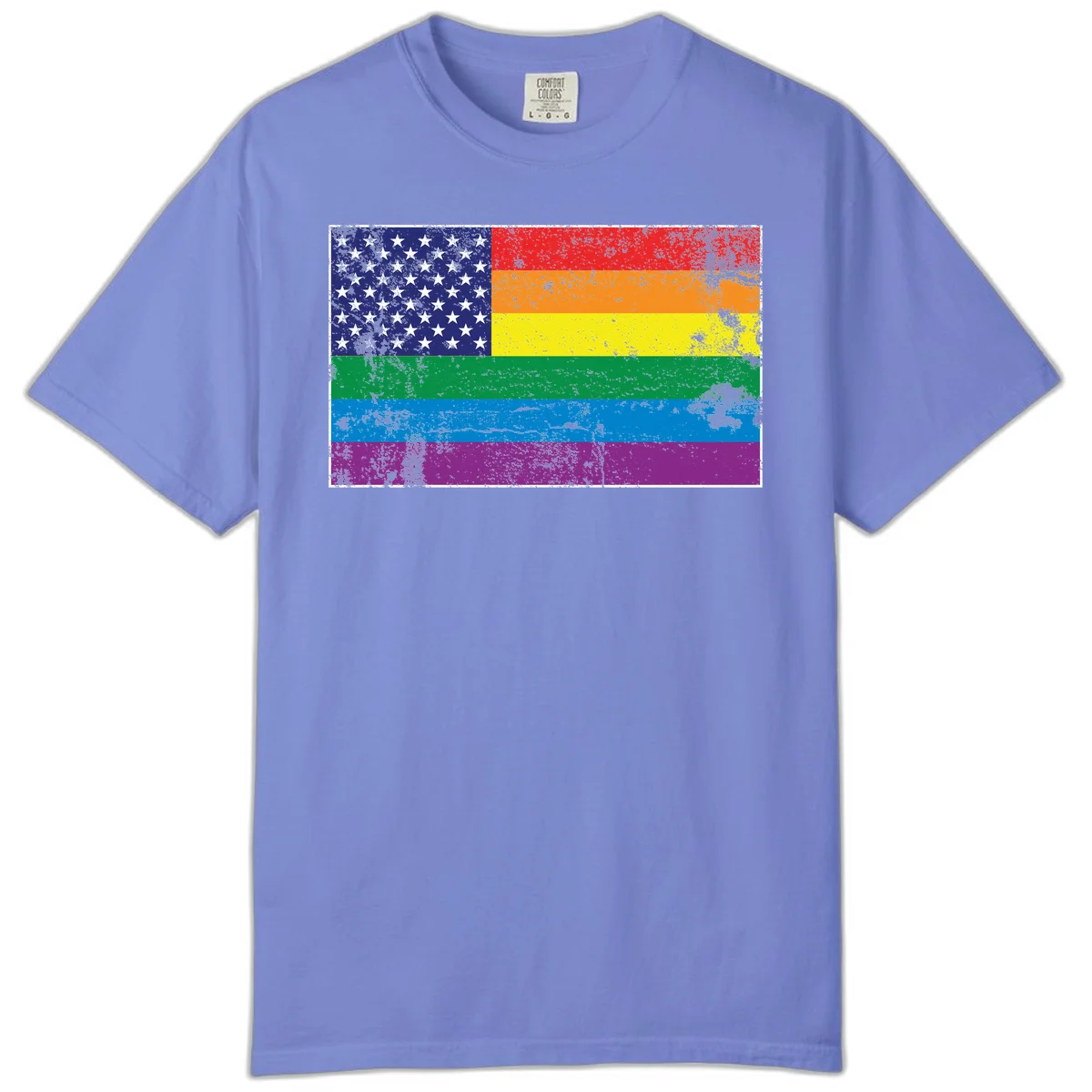 American flag with stars merged with rainbow pride flag stripes in distressed grunge style in Flo Blue