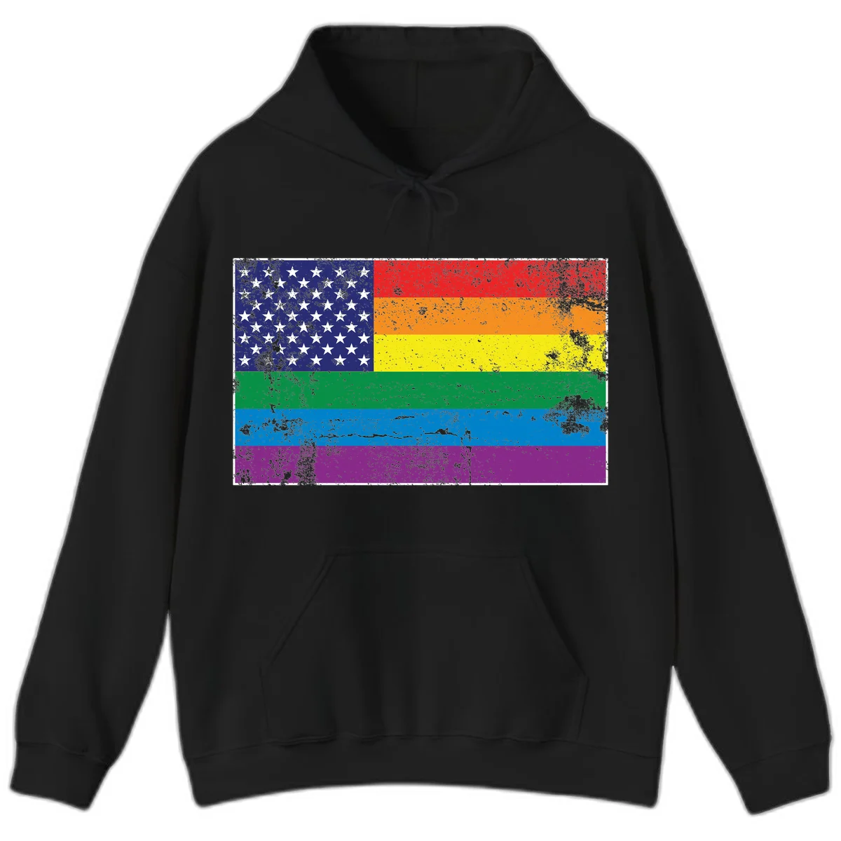 American flag with stars merged with rainbow pride flag stripes in distressed grunge style in Black