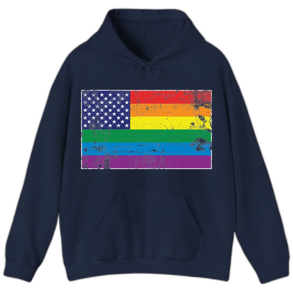 American flag with stars merged with rainbow pride flag stripes in distressed grunge style in Navy