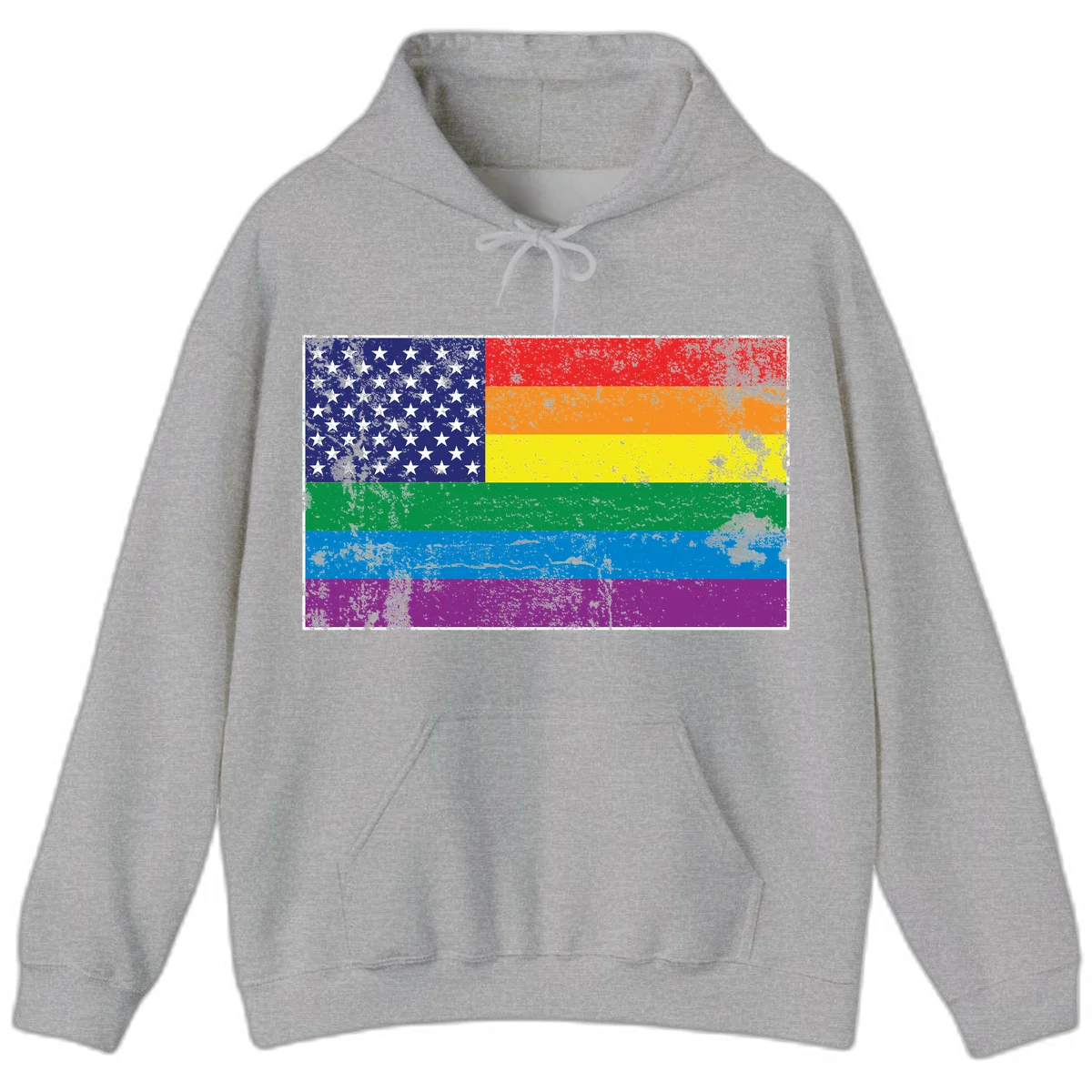 American flag with stars merged with rainbow pride flag stripes in distressed grunge style in Sport Grey