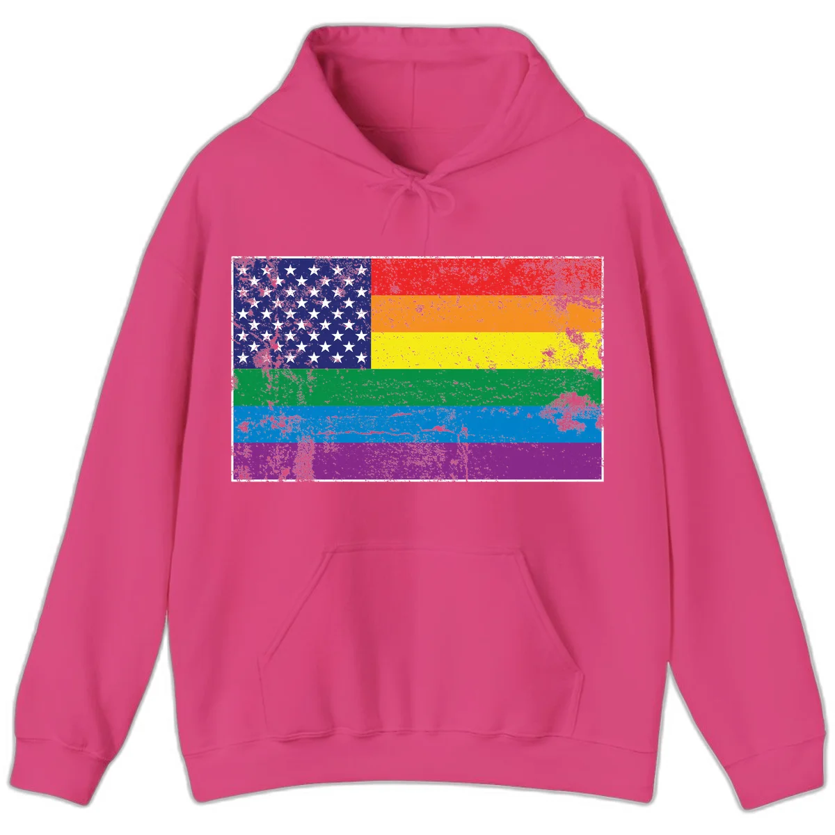 American flag with stars merged with rainbow pride flag stripes in distressed grunge style in Heliconia