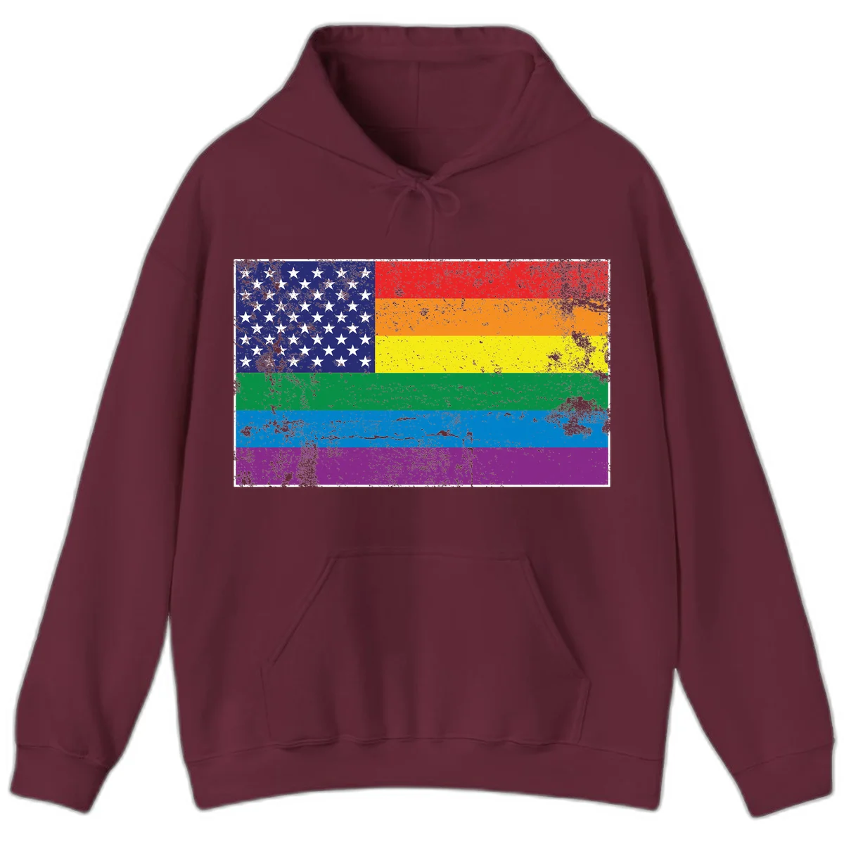 American flag with stars merged with rainbow pride flag stripes in distressed grunge style in Maroon