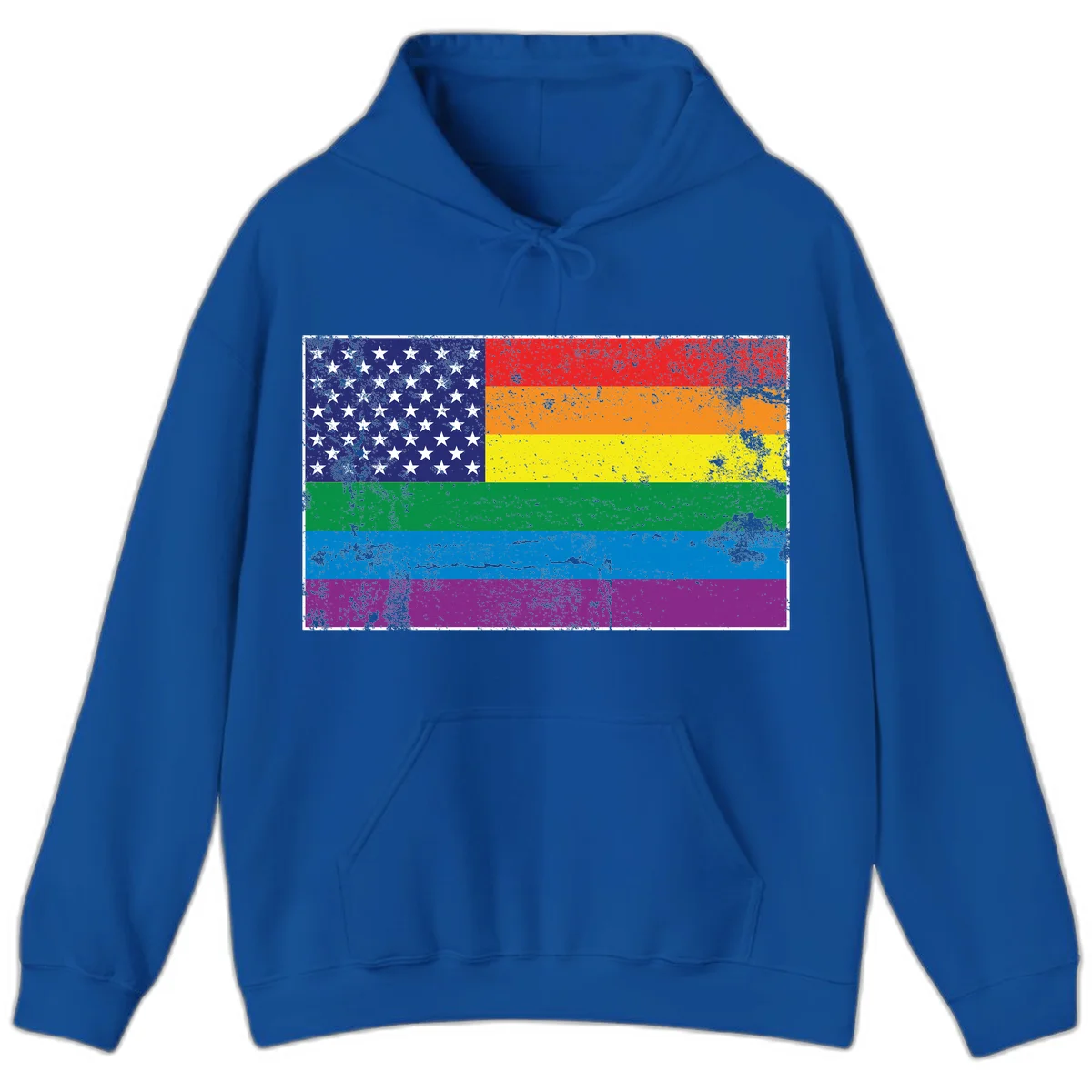 American flag with stars merged with rainbow pride flag stripes in distressed grunge style in Royal