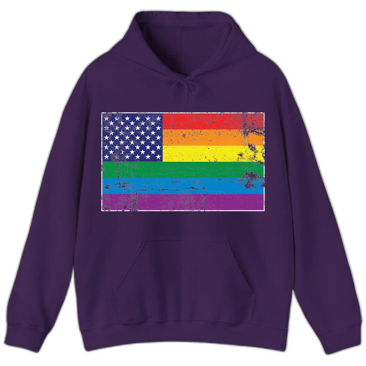 American flag with stars merged with rainbow pride flag stripes in distressed grunge style in Purple