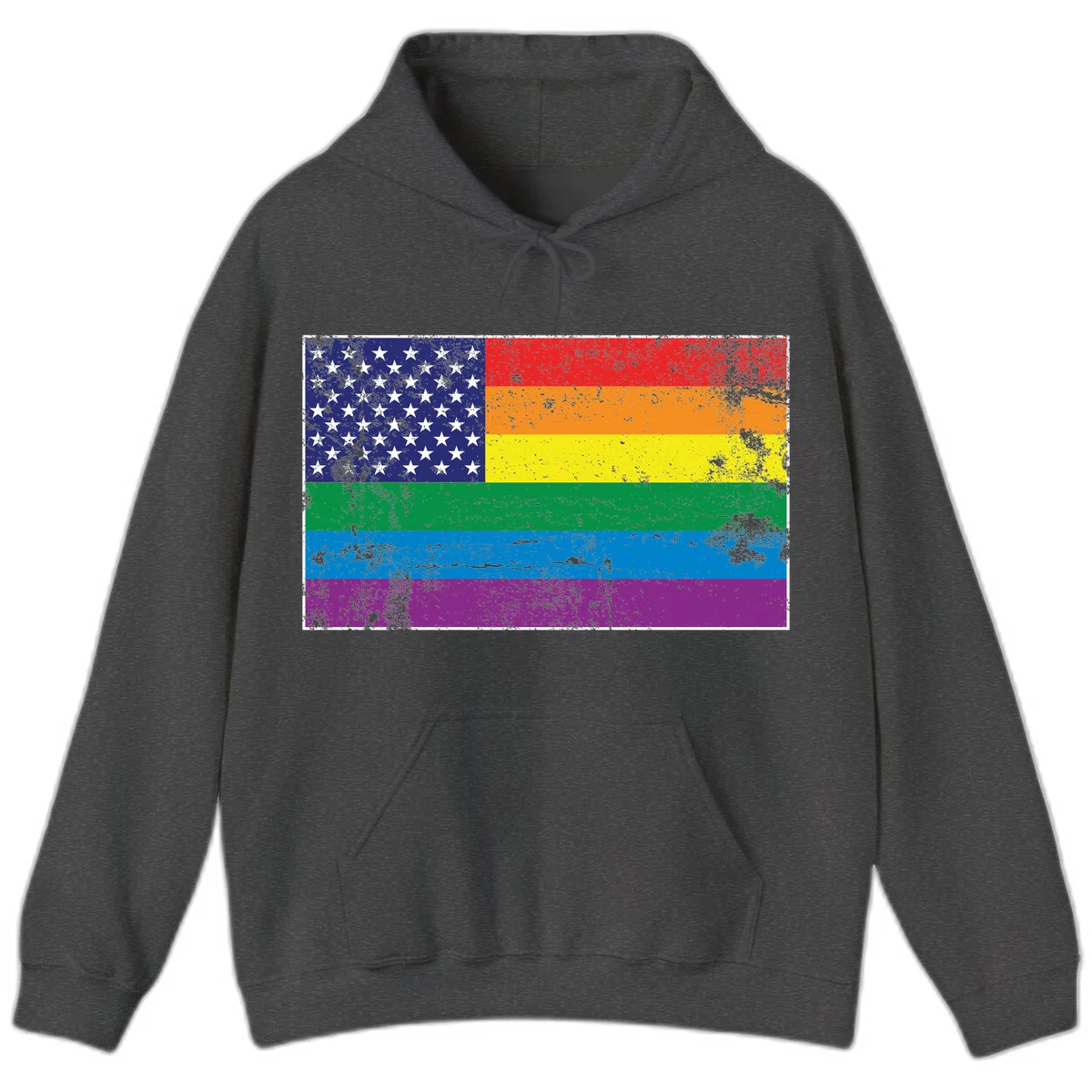 American flag with stars merged with rainbow pride flag stripes in distressed grunge style in Dark Heather