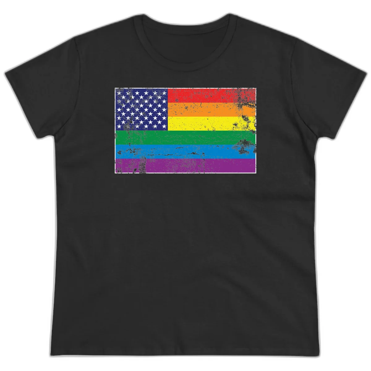 American flag with stars merged with rainbow pride flag stripes in distressed grunge style in Black