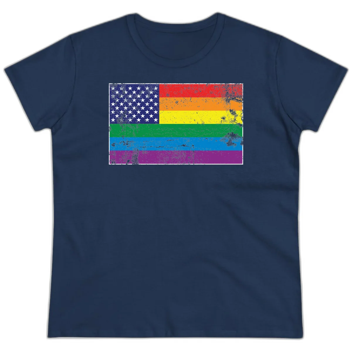 American flag with stars merged with rainbow pride flag stripes in distressed grunge style in Navy