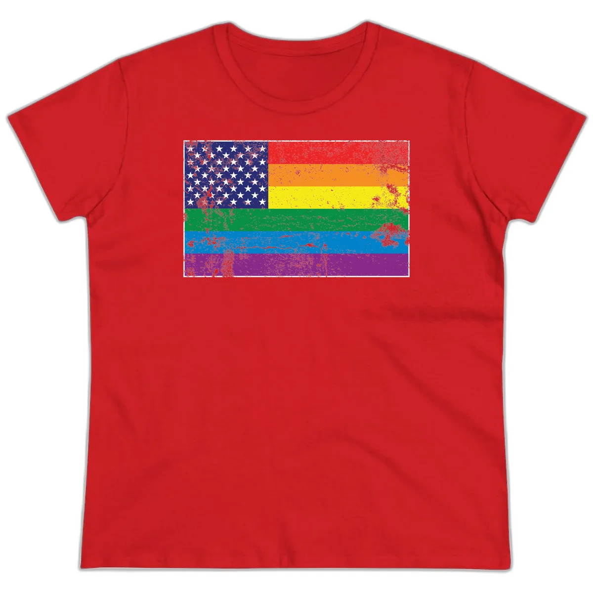 American flag with stars merged with rainbow pride flag stripes in distressed grunge style in Red