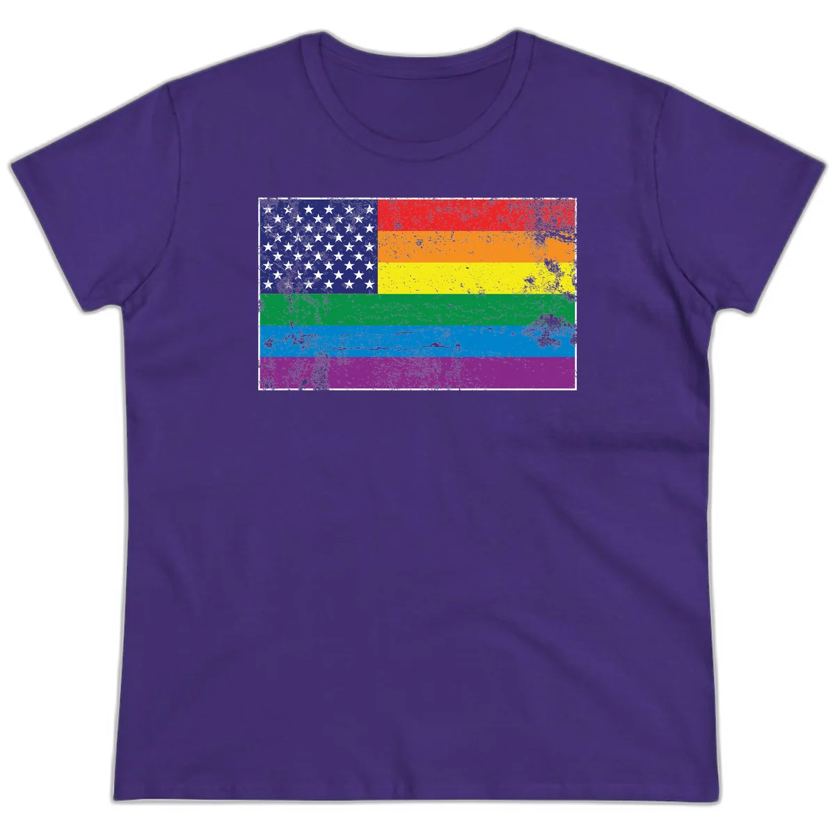 American flag with stars merged with rainbow pride flag stripes in distressed grunge style in Purple