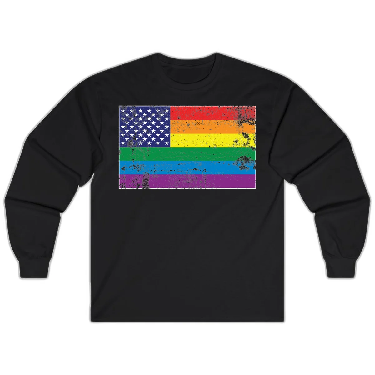 American flag with stars merged with rainbow pride flag stripes in distressed grunge style in Black