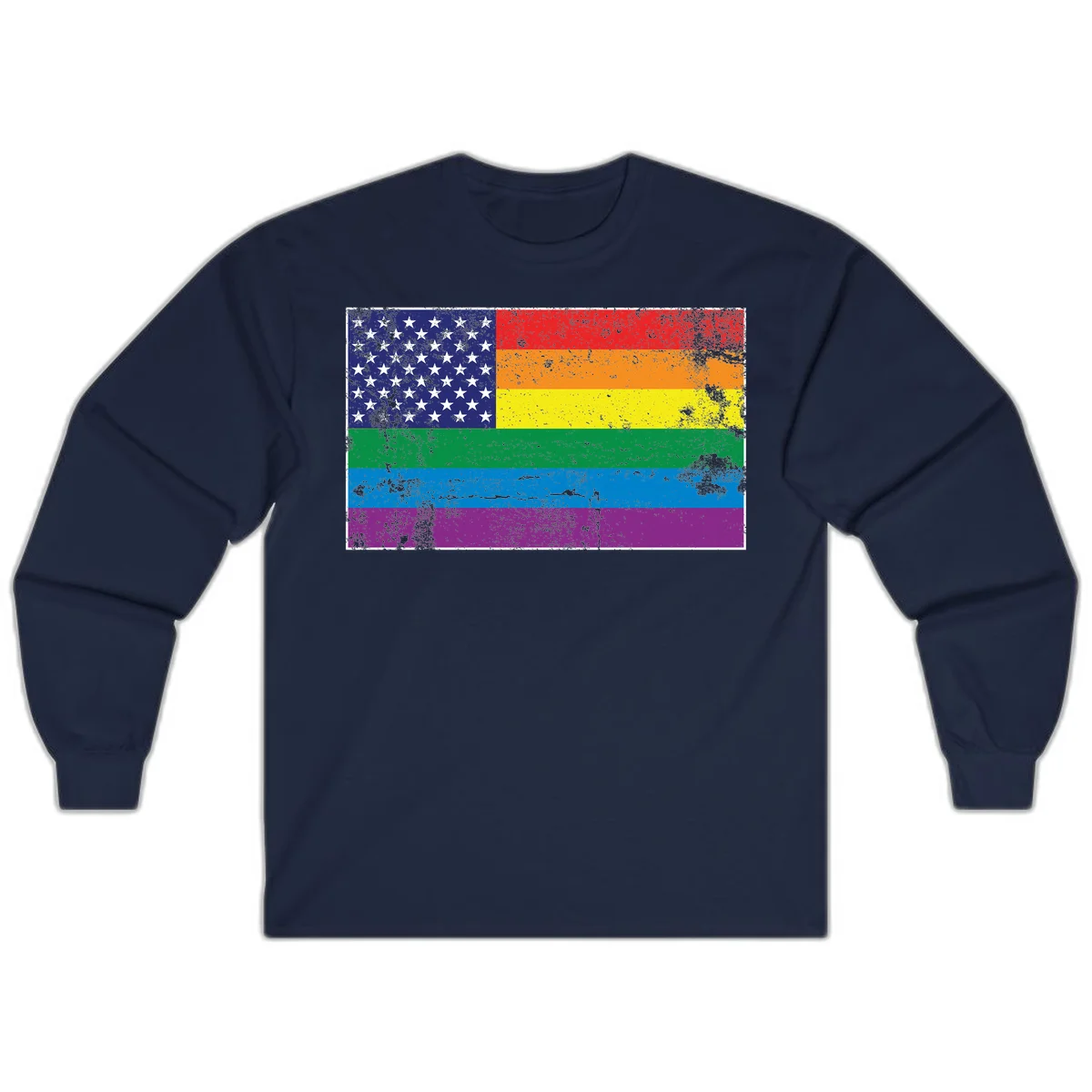 American flag with stars merged with rainbow pride flag stripes in distressed grunge style in Navy