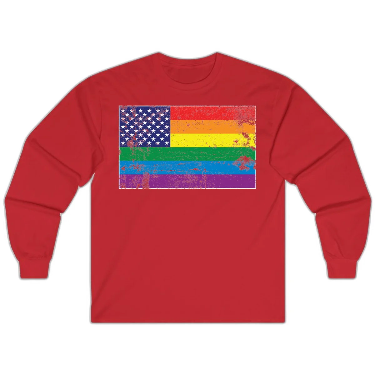 American flag with stars merged with rainbow pride flag stripes in distressed grunge style in Red