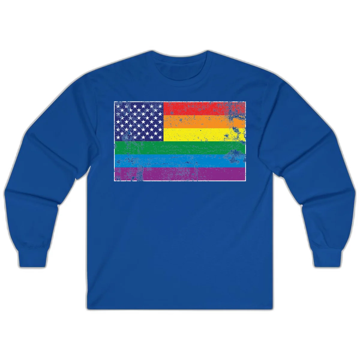 American flag with stars merged with rainbow pride flag stripes in distressed grunge style in Royal