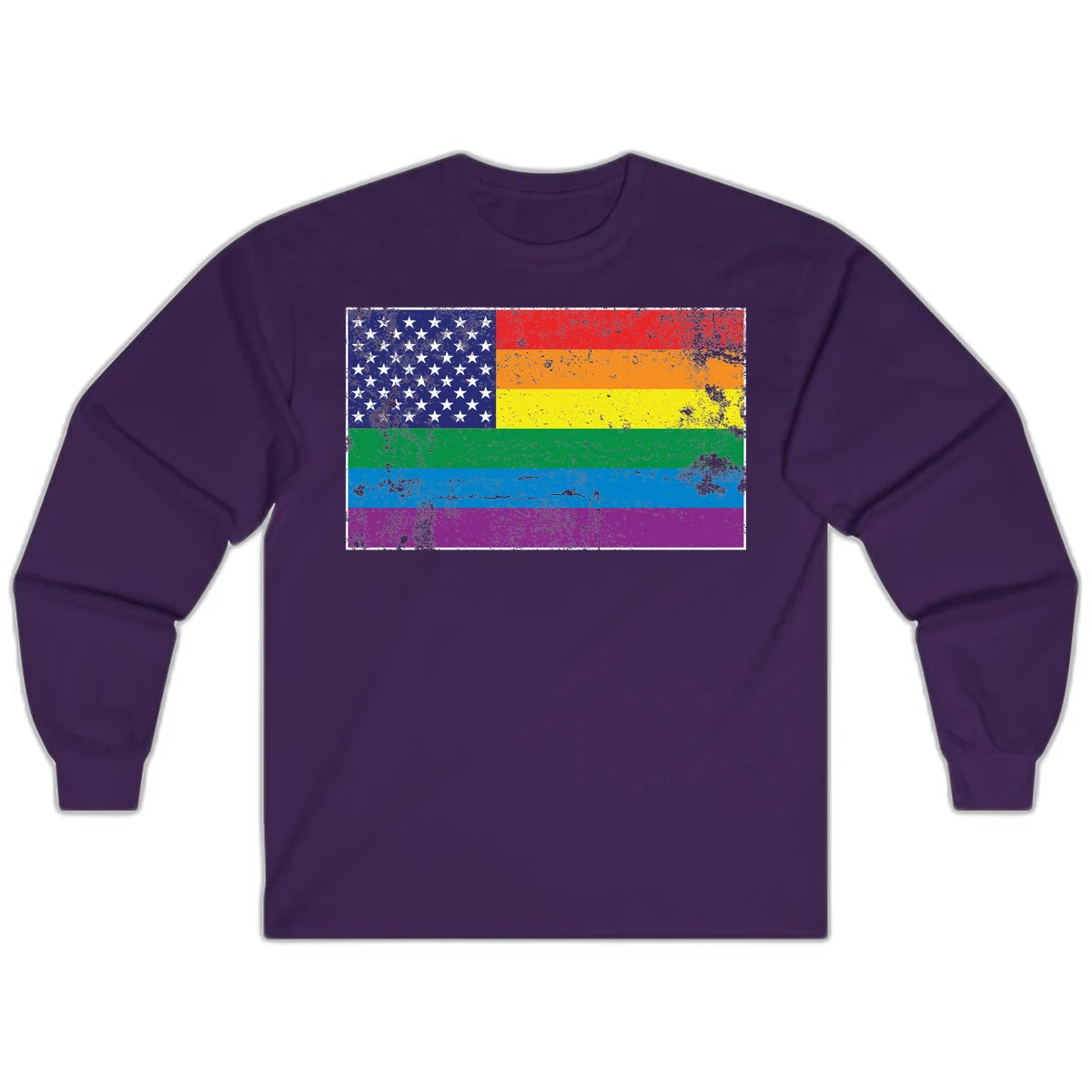 American flag with stars merged with rainbow pride flag stripes in distressed grunge style in Purple