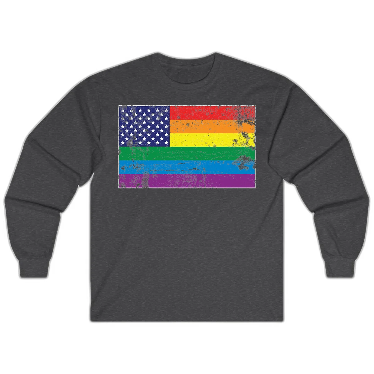 American flag with stars merged with rainbow pride flag stripes in distressed grunge style in Dark Heather