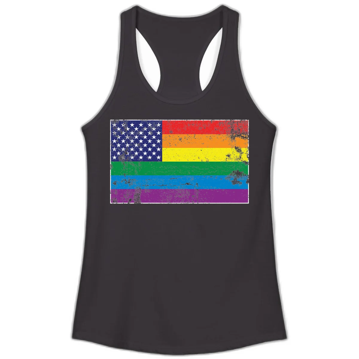 American flag with stars merged with rainbow pride flag stripes in distressed grunge style in Black