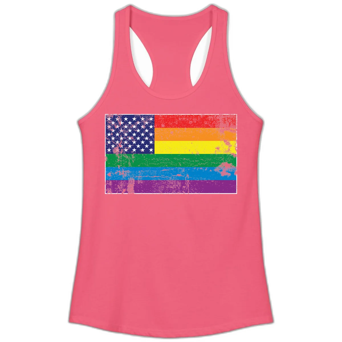 American flag with stars merged with rainbow pride flag stripes in distressed grunge style in Hot Pink