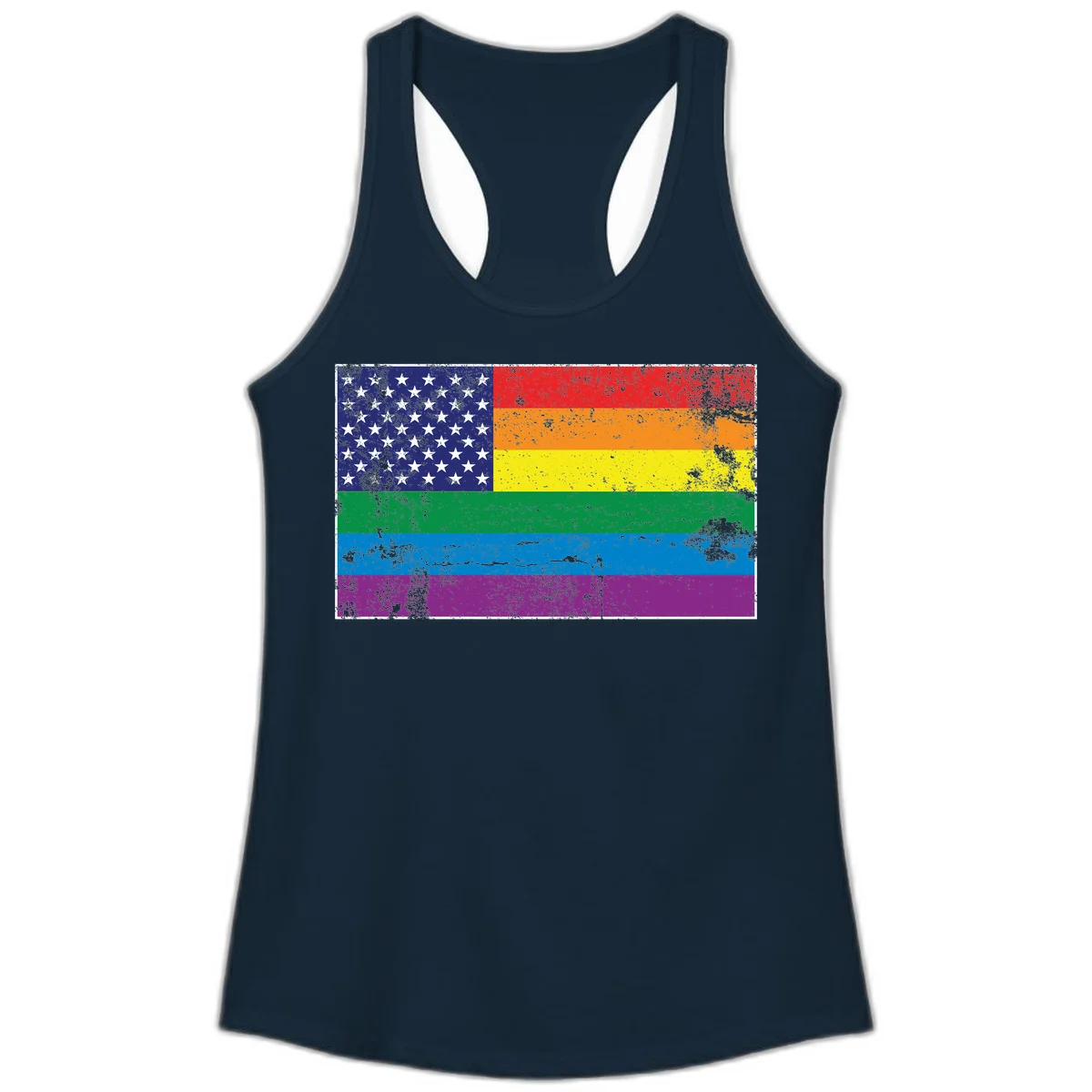 American flag with stars merged with rainbow pride flag stripes in distressed grunge style in Solid Midnight Navy
