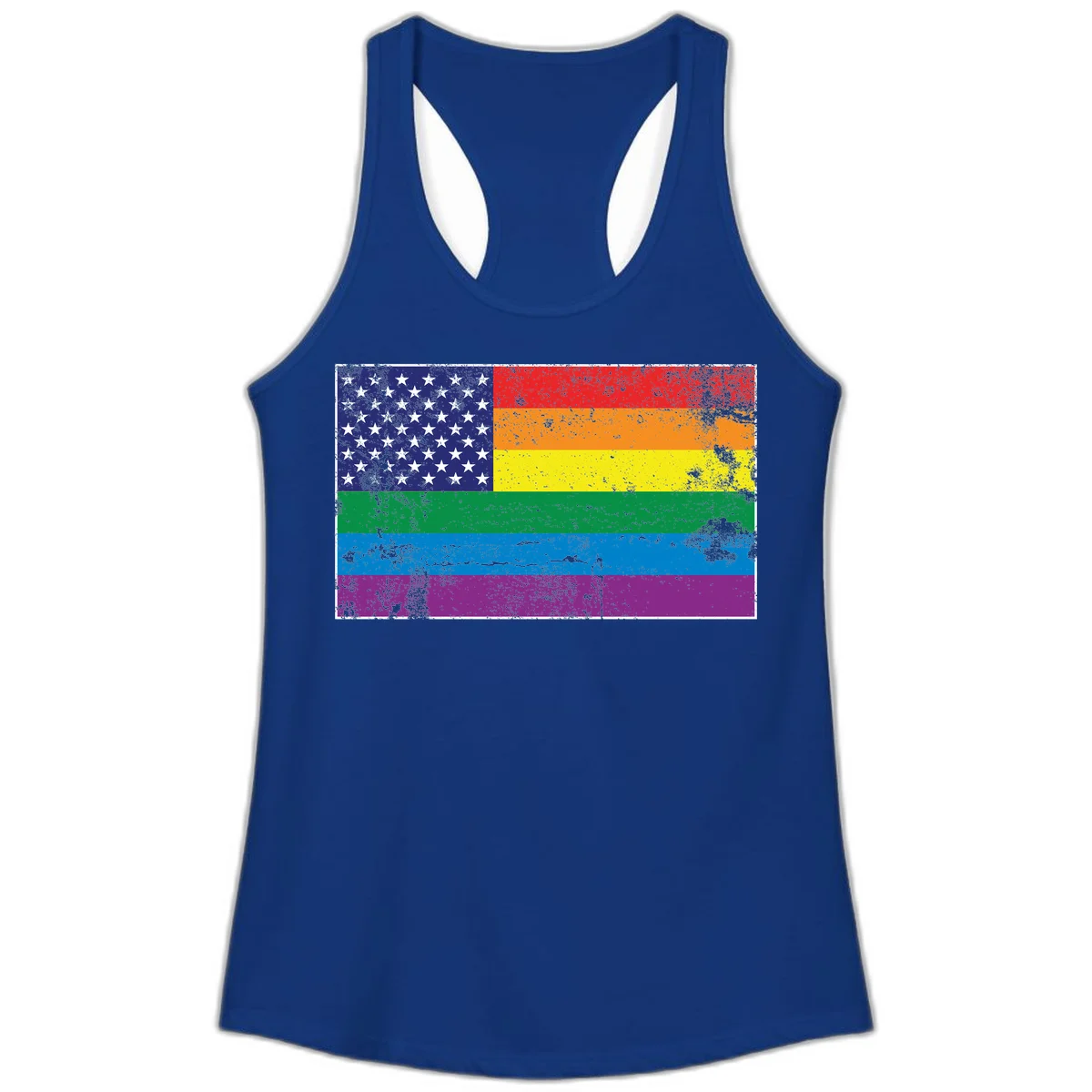 American flag with stars merged with rainbow pride flag stripes in distressed grunge style in Solid Royal