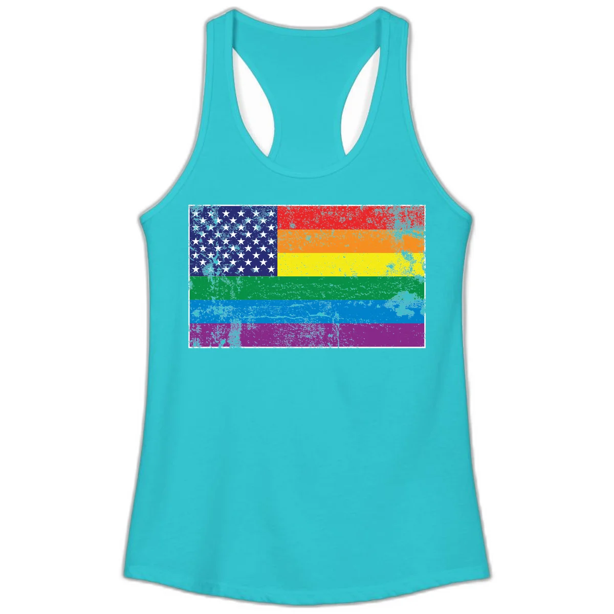 American flag with stars merged with rainbow pride flag stripes in distressed grunge style in Solid Tahiti Blue