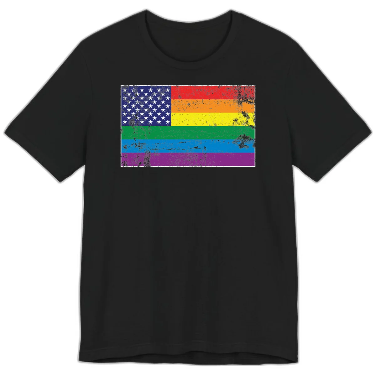 American flag with stars merged with rainbow pride flag stripes in distressed grunge style in Black