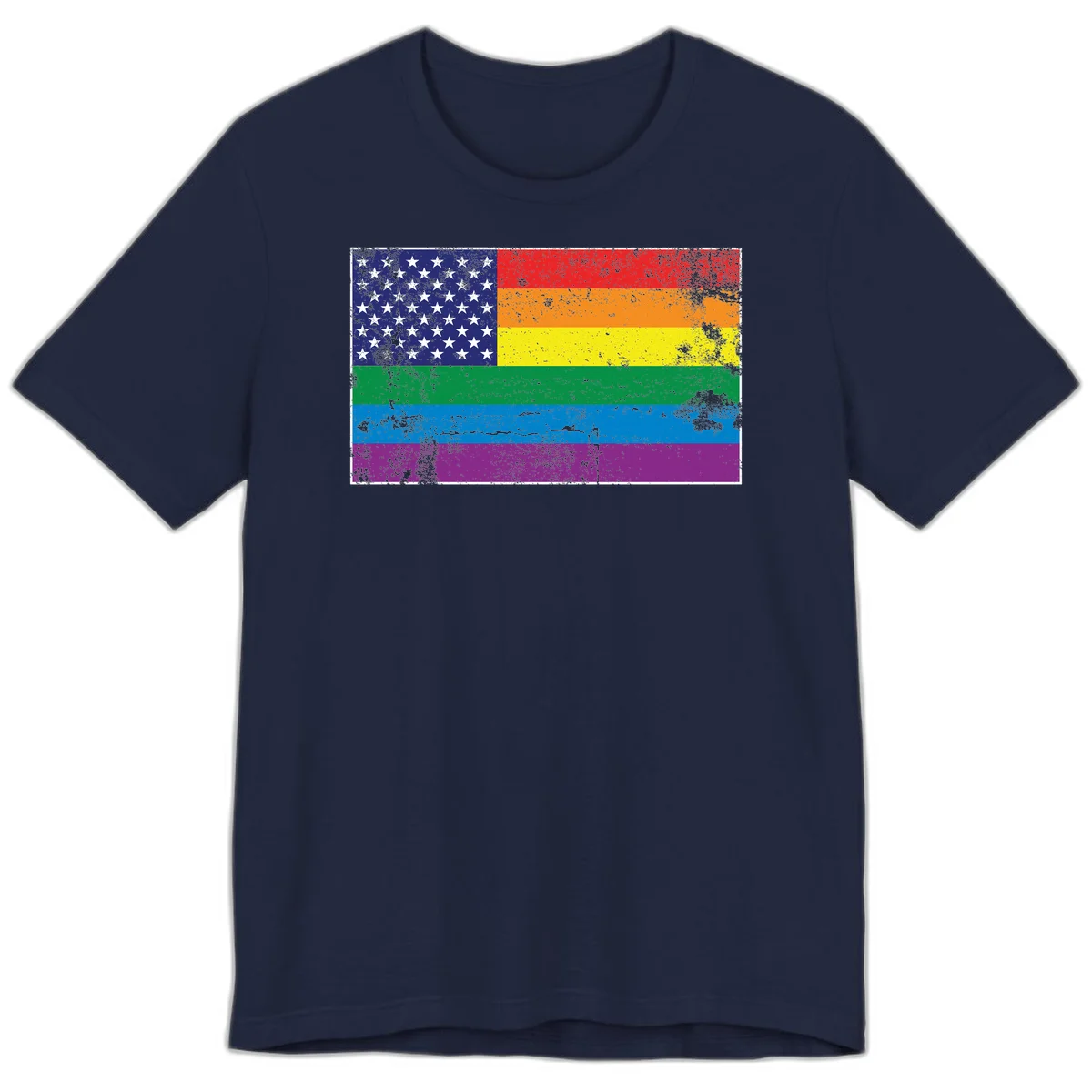 American flag with stars merged with rainbow pride flag stripes in distressed grunge style in Navy
