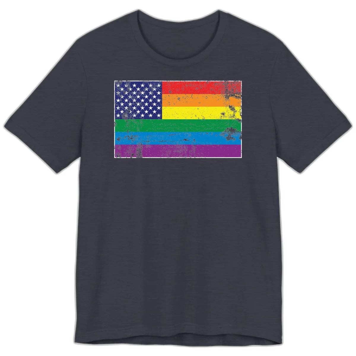 American flag with stars merged with rainbow pride flag stripes in distressed grunge style in Heather Midnight Navy