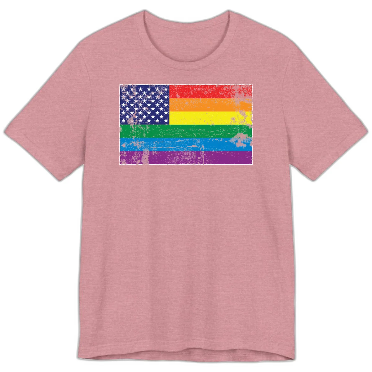 American flag with stars merged with rainbow pride flag stripes in distressed grunge style in Heather Orchid