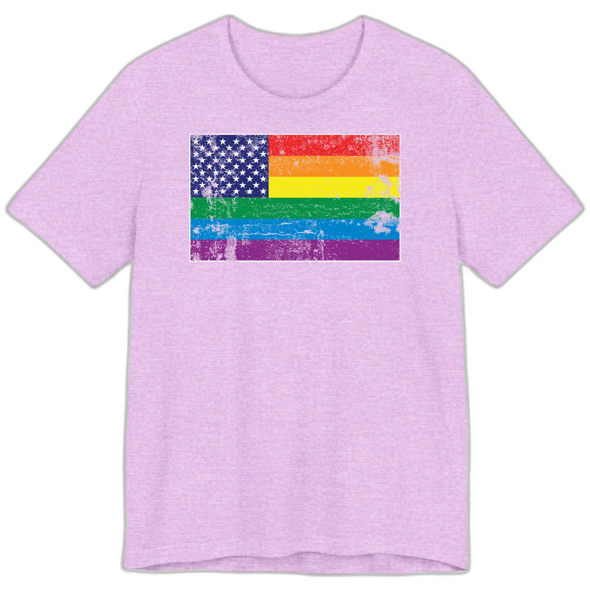 American flag with stars merged with rainbow pride flag stripes in distressed grunge style in Heather Prism Lilac