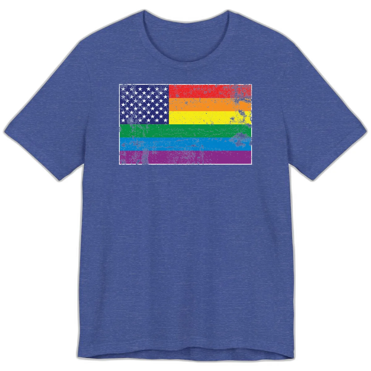 American flag with stars merged with rainbow pride flag stripes in distressed grunge style in Heather True Royal